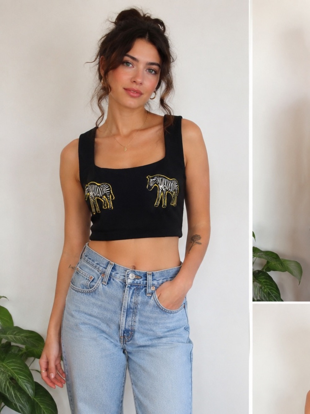 Handmade Zebra Patch Crop Top — Black Square Neck